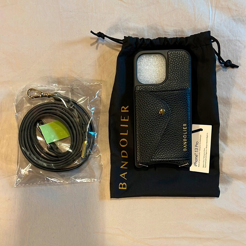 Bandolier - iPhone 13 Pro - Hailey Sideslot Black/Gold Bandolier with Strap